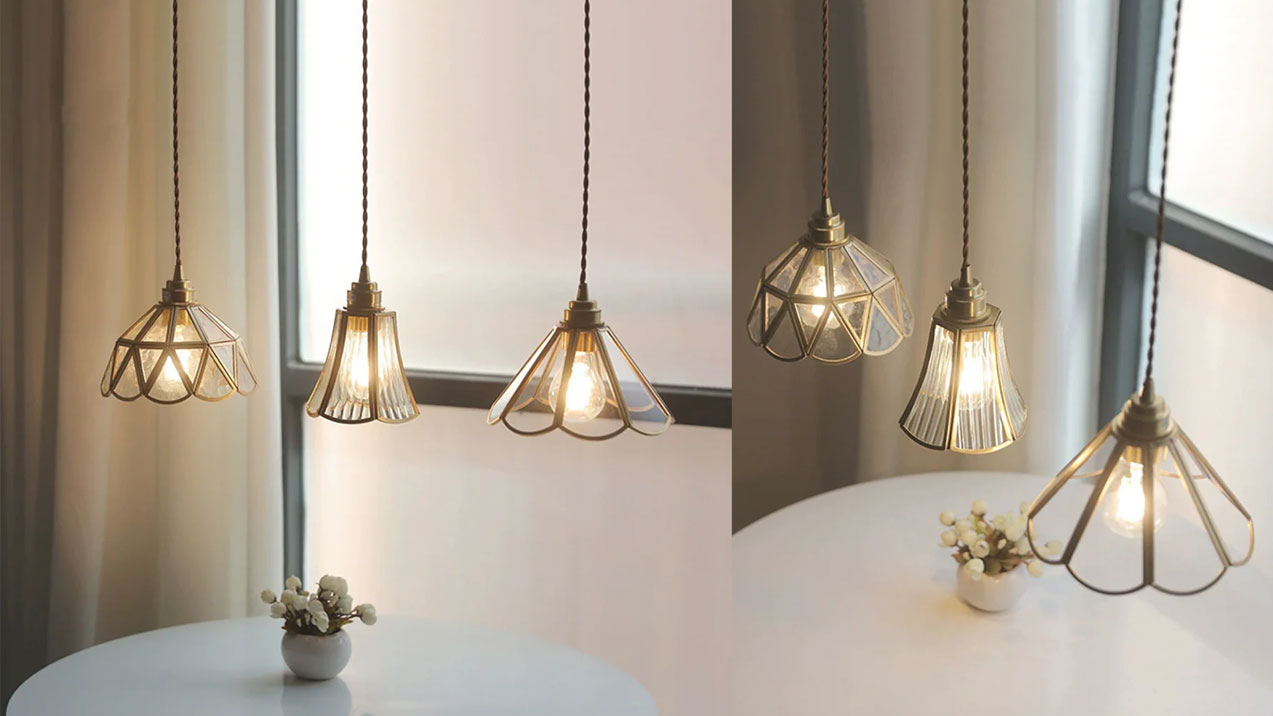 Vintage kleine messing glazen bloemen hanglamp