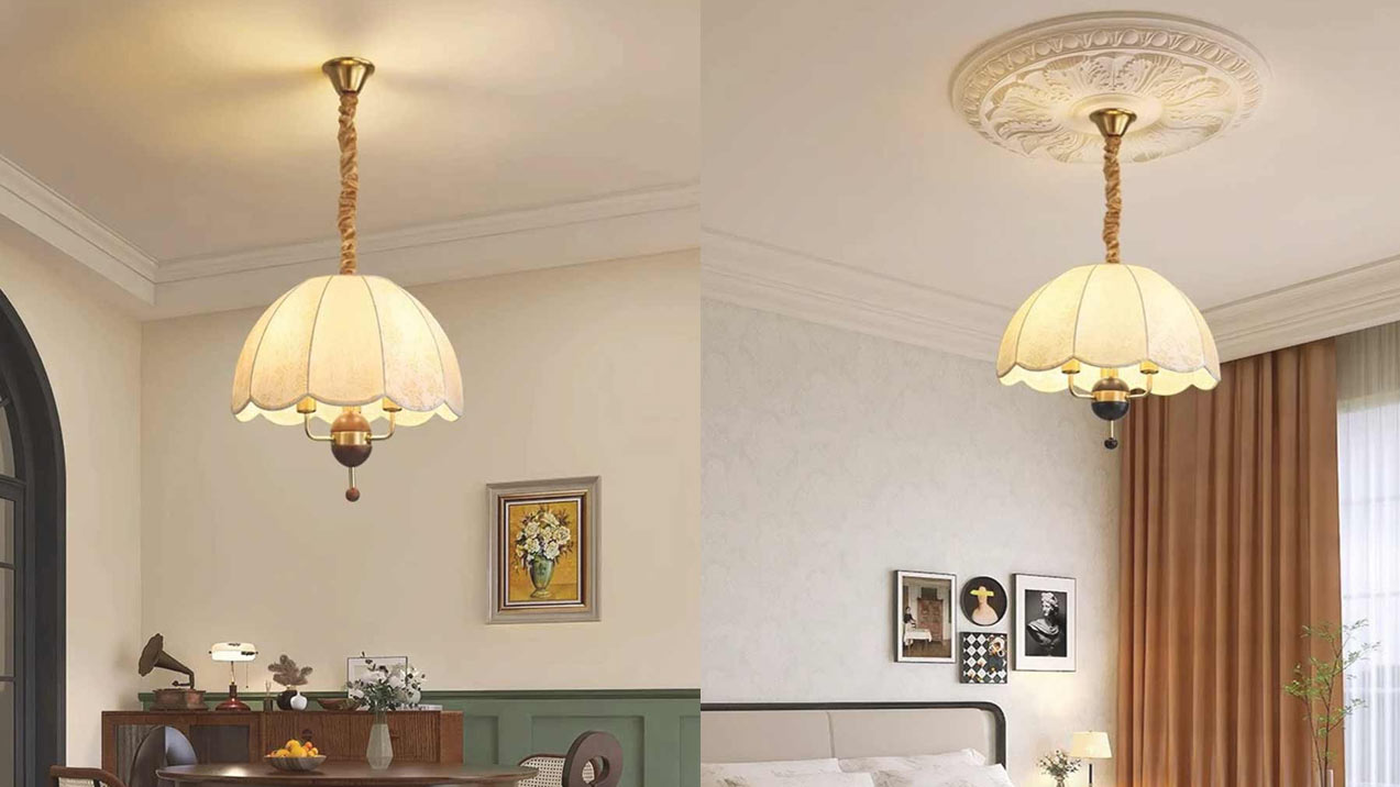 Vintage metalen houten stoffen koepelvormige hanglamp