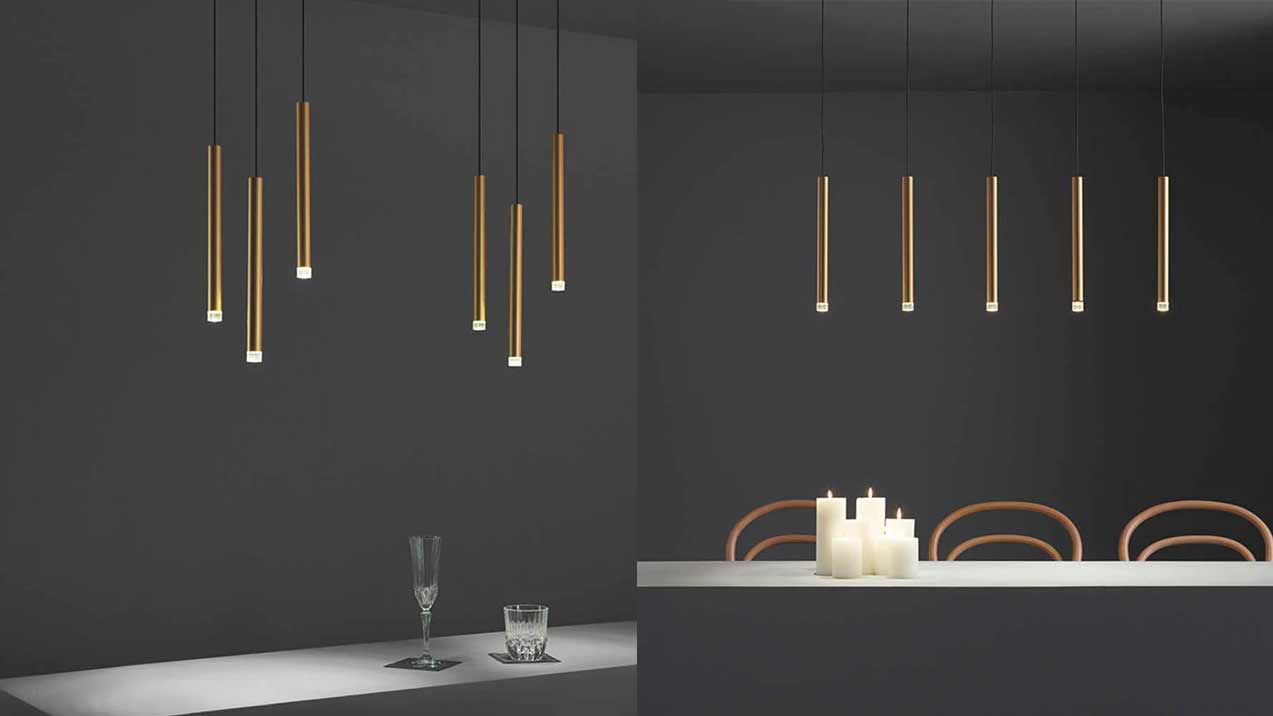 Slanke buisvormige messing LED hanglamp