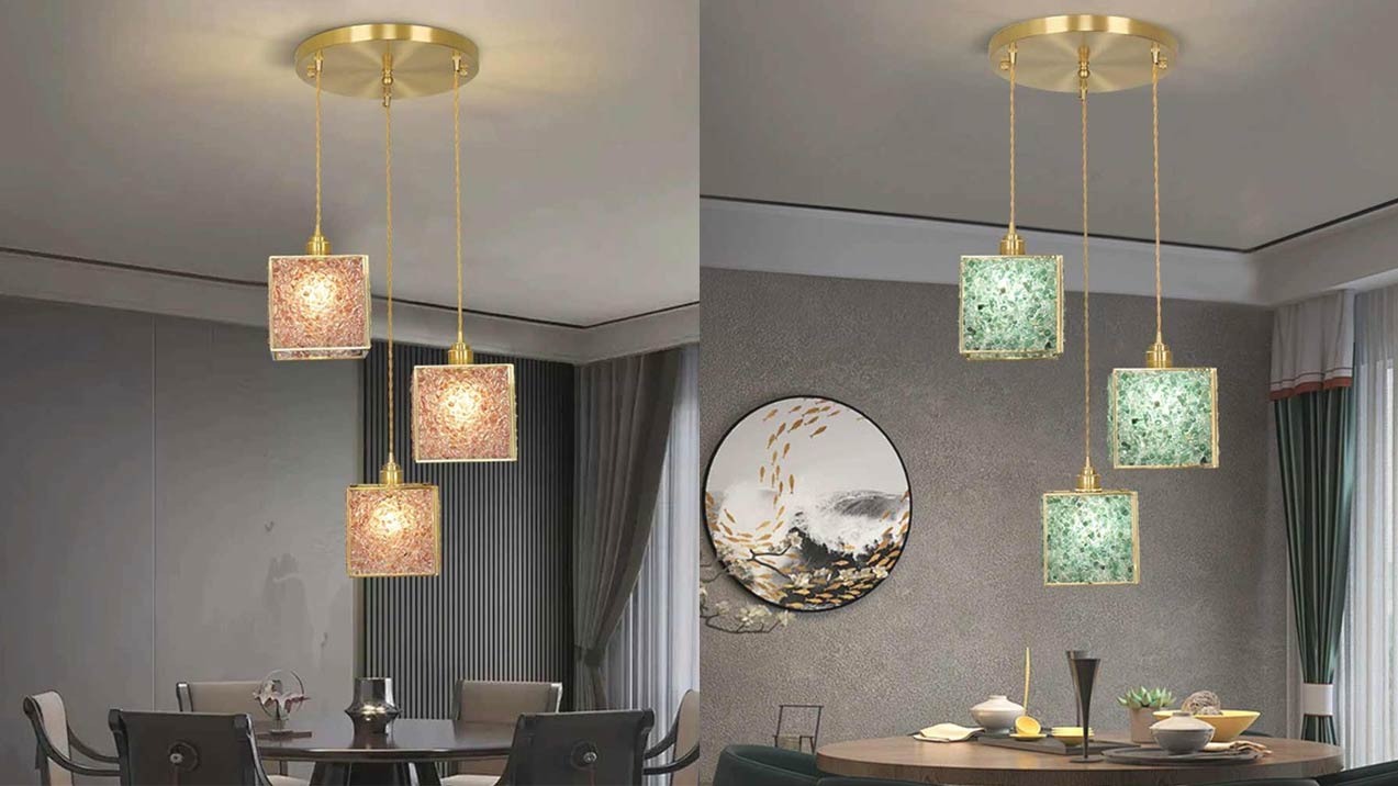 3-lichts messing kristallen kubus hanglamp