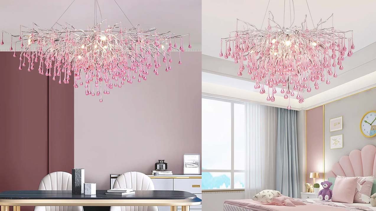 KROONLUCHTER ROZE KRISTALLEN GLAS TAK REGENDRUPPELS VOOR MEISJESKAMER